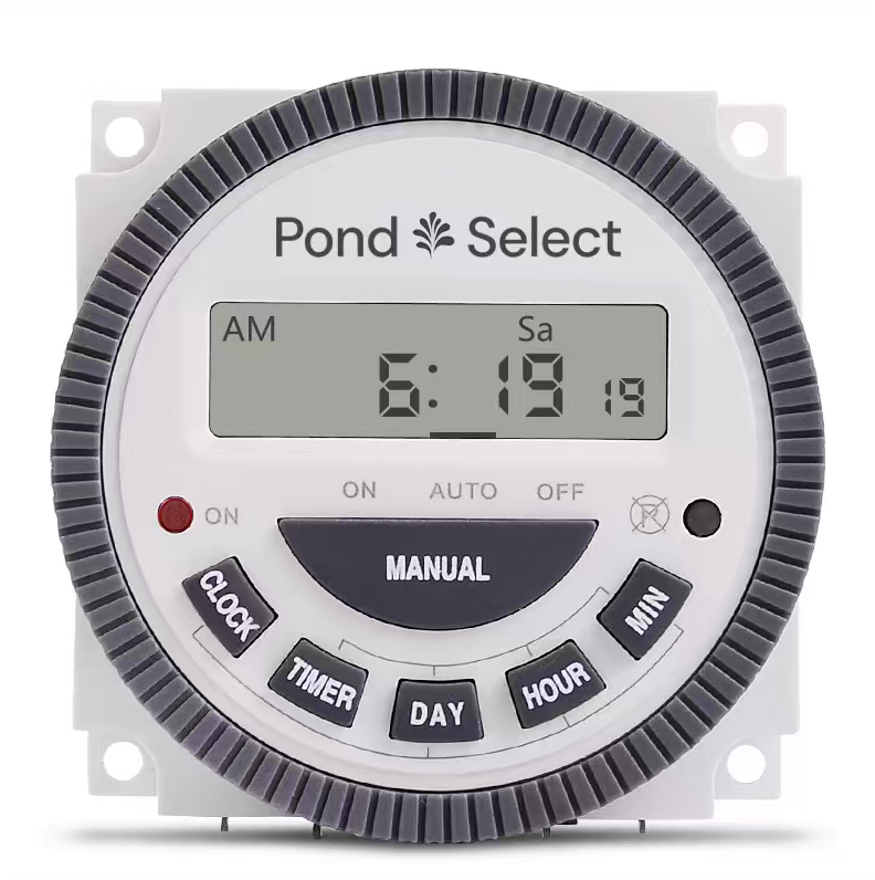 The same programmable pond timer private-labeled with the customer's Pond Select logo on the face